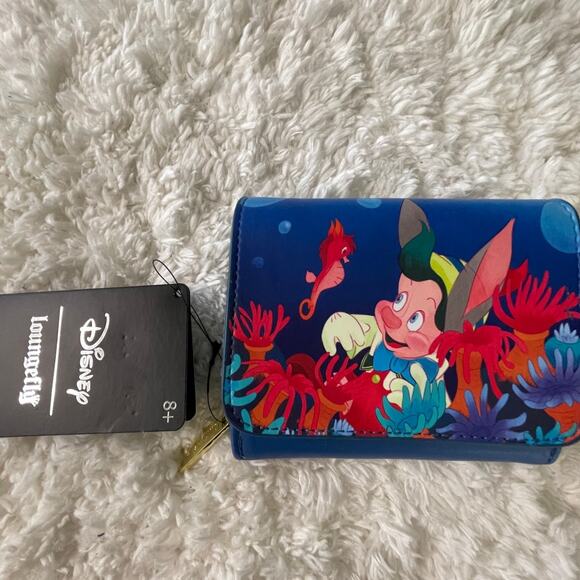 Loungefly Disney Pinocchio Underwater Small Zip Blue Wallet NEW Cards Cash - Picture 8 of 9
